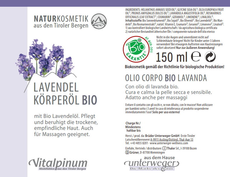 Unterweger Bio Lavendel Körperöl 150 ml – zertifizierte Biokosmetik mit Bio Lavendelöl für empfindliche & trockene Haut