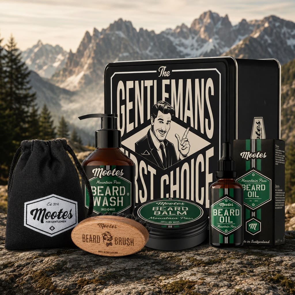 Mootes Mountain Pass Bartpflegeset mit Bartshampoo, Bartöl, Bartbalsam und Bartbürste vor Schweizer Bergkulisse.