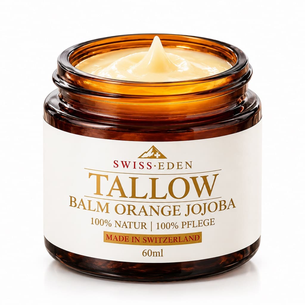 Swiss Eden Tallow Balm Orange Jojoba 60 ml – natürliche Schweizer Hautpflege mit Rindertalg, Orange und Jojoba