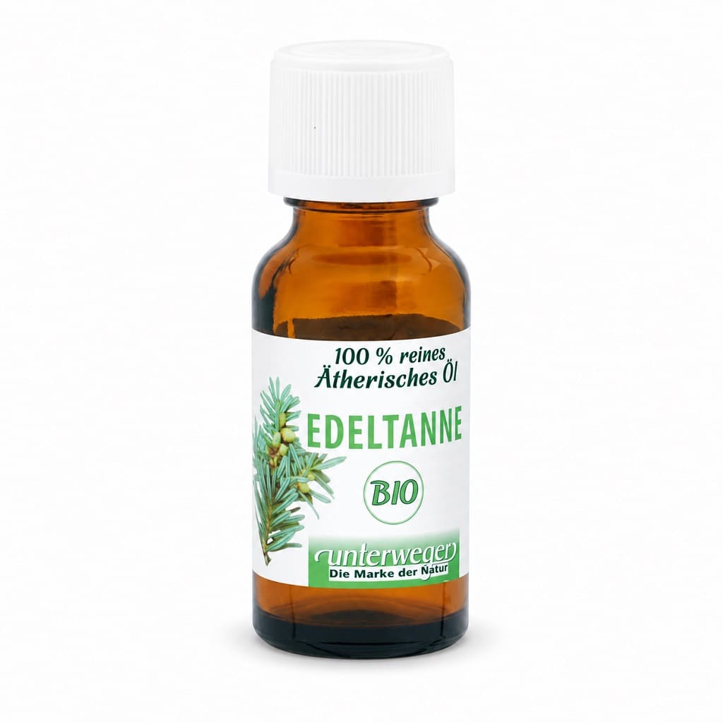 Unterweger BIO Ätherisches Öl Edeltanne, 20 ml, braune Glasflasche mit weissem Verschluss auf weissem Hintergrund