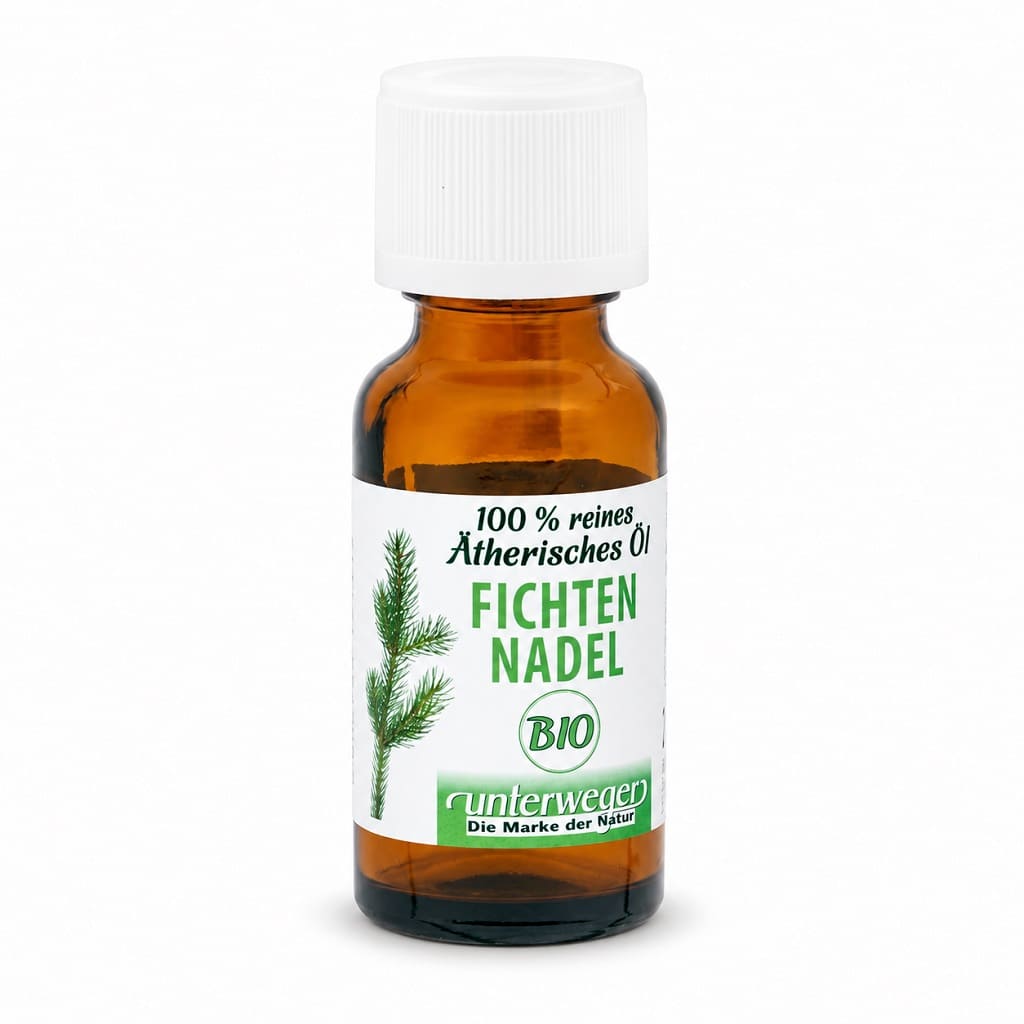 Unterweger BIO Ätherisches Öl Fichtennadel, 20 ml, braune Glasflasche mit weissem Verschluss auf weissem Hintergrund