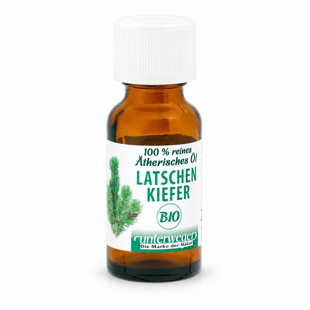 Unterweger BIO Ätherisches Öl Latschenkiefer, 20 ml, braune Glasflasche mit weissem Verschluss auf weissem Hintergrund