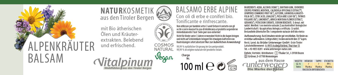 Etikett des Unterweger Alpenkräuterbalsams – vegane Naturkosmetik mit Arnika, Fichte und alpinen Heilkräutern