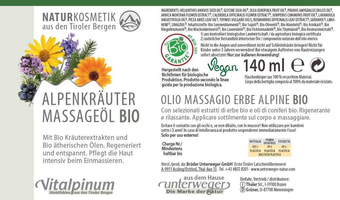 Alpenkräuter Massageöl – Biokosmetik bei Verspannung von Unterweger