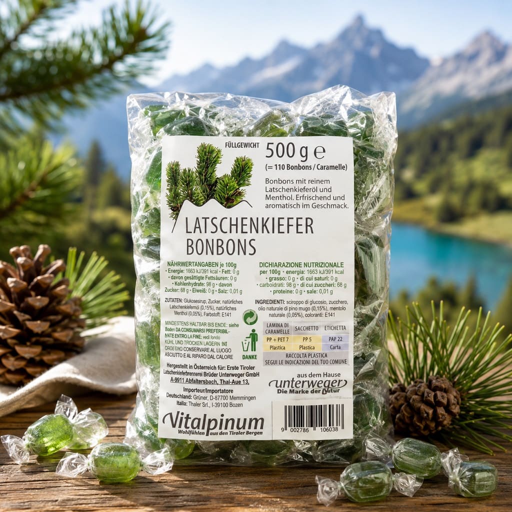 Unterweger Latschenkiefer Bonbons 500 g mit Latschenkieferöl und Menthol – erfrischender Geschmack