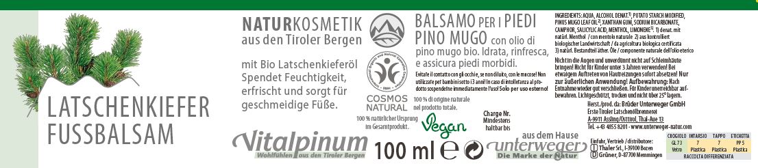 Unterweger Latschenkiefer Fussbalsam 100ml – Naturkosmetik mit Bio-Latschenkieferöl zur Pflege & Erfrischung müder Füsse