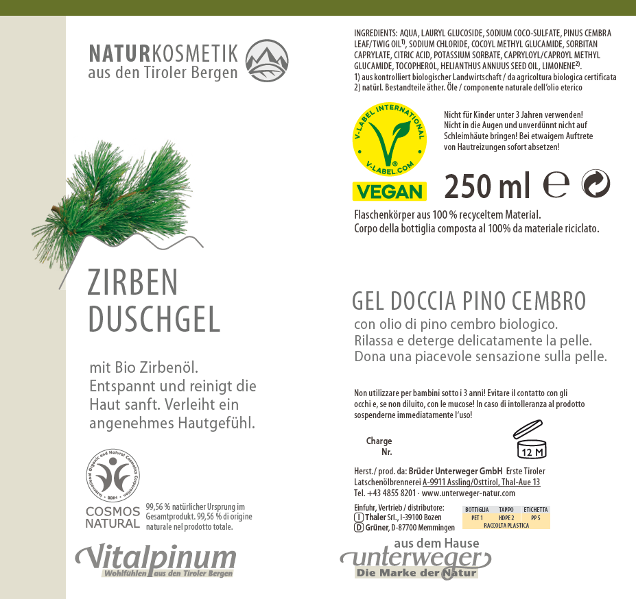 Zirben Duschgel | Naturkosmetik mit Bio Zirbenöl – Unterweger