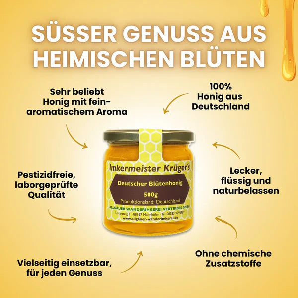 Deutscher Blütenhonig 500g – Flüssiger Premium Honig aus Deutschland