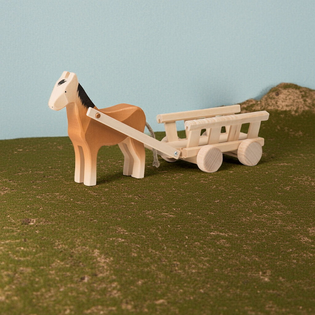 Trauffer Pferd mit Wagen – handgefertigtes Holzspielzeug