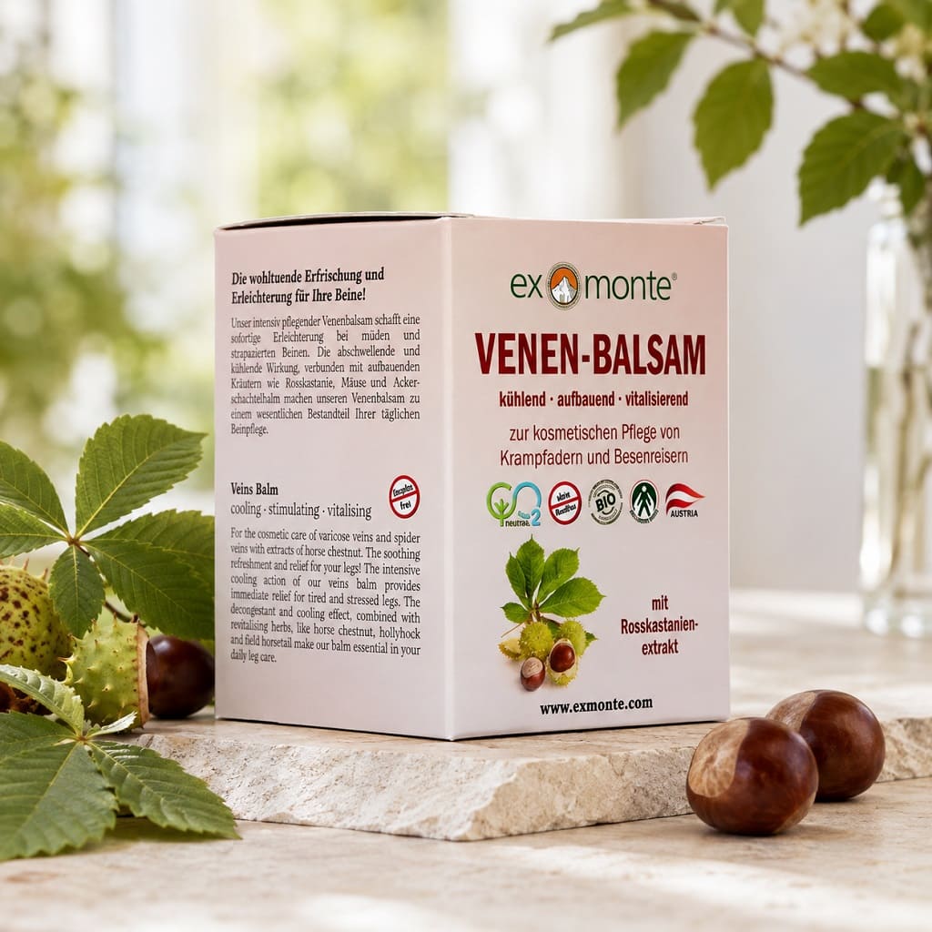 Exmonte Venen-Balsam in der Originalverpackung mit Rosskastanienextrakt, umgeben von frischen Rosskastanien und grünen Blättern.
