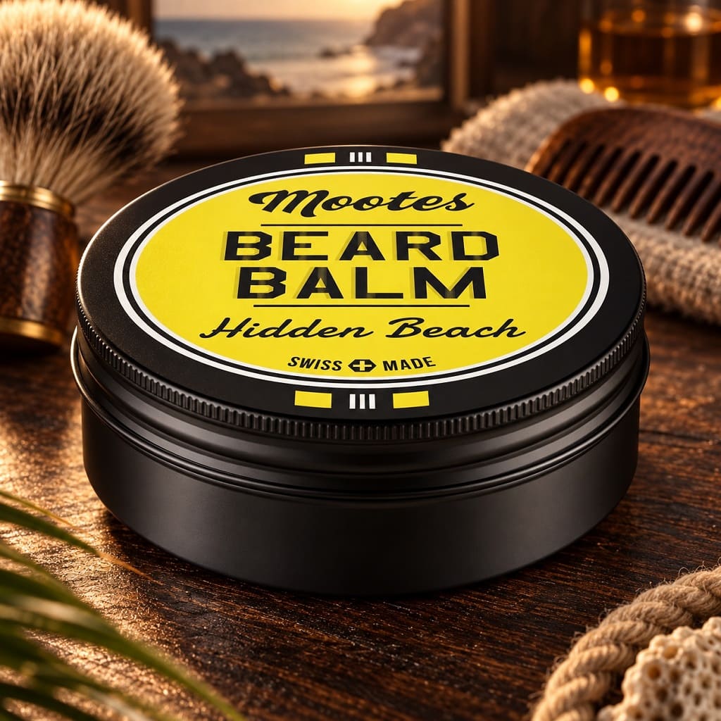 Mootes Beard Balm Hidden Beach in schwarzer Dose mit gelbem Etikett in hochwertiger maritimer Barber-Kulisse.