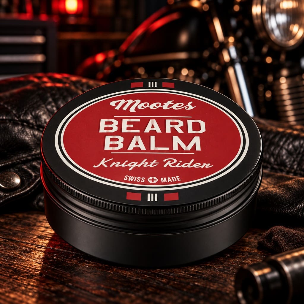 Mootes Beard Balm Knight Rider in schwarzer Dose mit rotem Etikett vor einer dunklen Motorradkulisse.