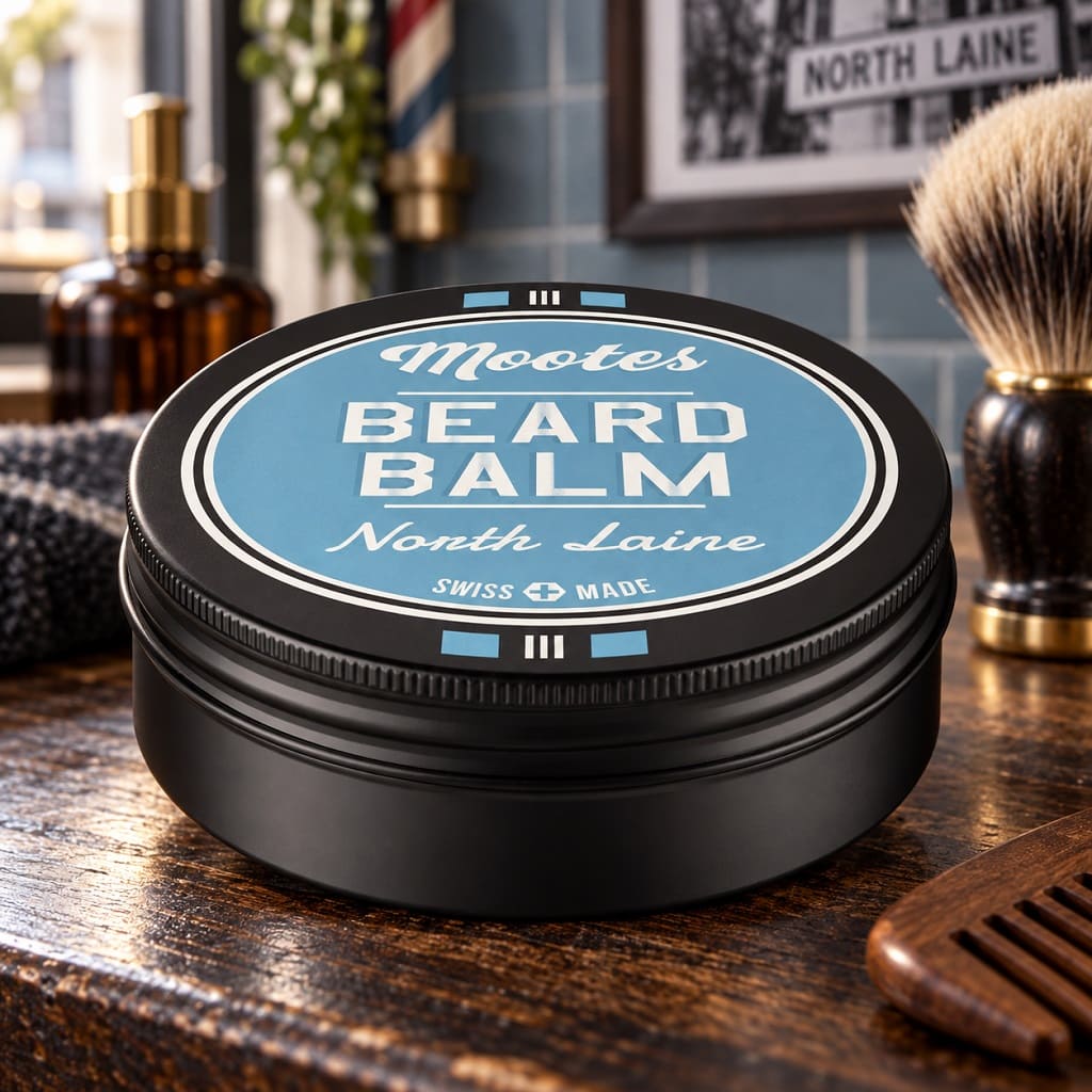 Mootes Beard Balm North Laine in schwarzer Dose mit hellblauem Etikett in einer stilvollen Barbershop-Kulisse.