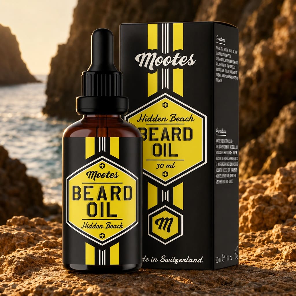 Mootes Bartöl Hidden Beach in einer hochwertigen maritimen Barber-Kulisse – pflegendes Bartöl, Swiss Made.