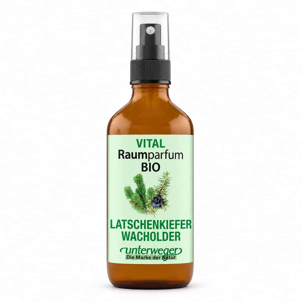 Unterweger BIO Raumparfum Vital, 100 ml – braune Sprühflasche mit Latschenkiefer und Wacholder auf dem Etikett vor weissem Hintergrund.