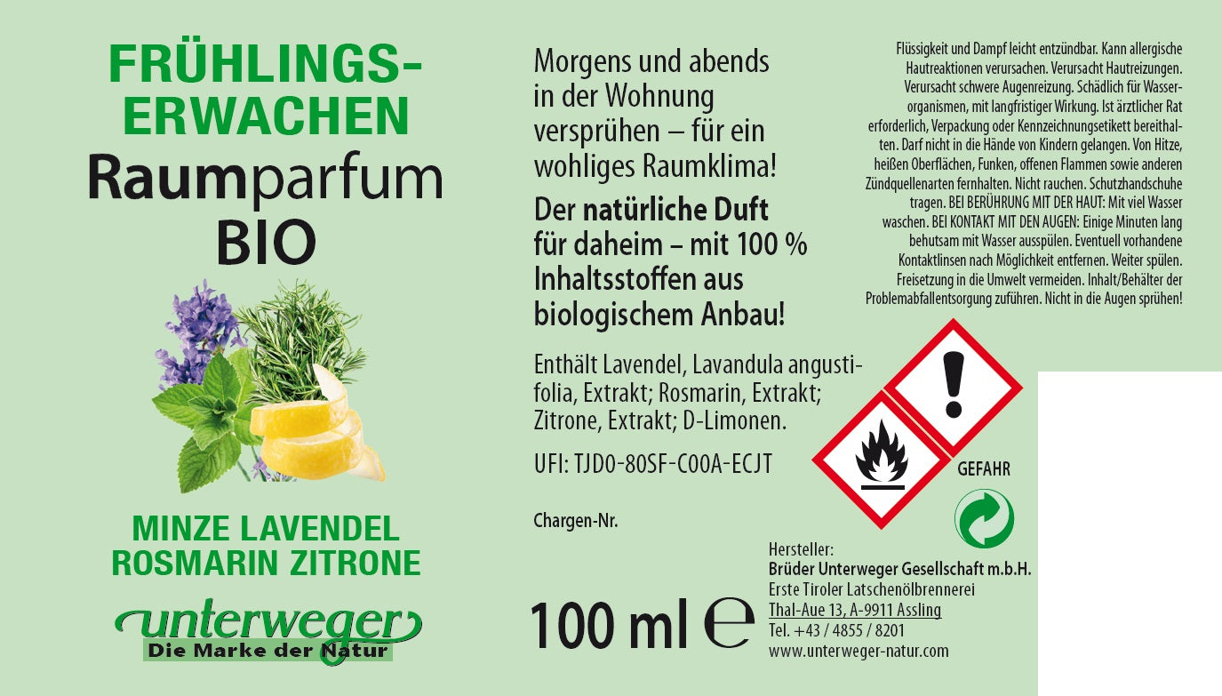 BIO Raumparfum Frühlingserwachen Unterweger – Minze, Lavendel, Rosmarin & Zitrone