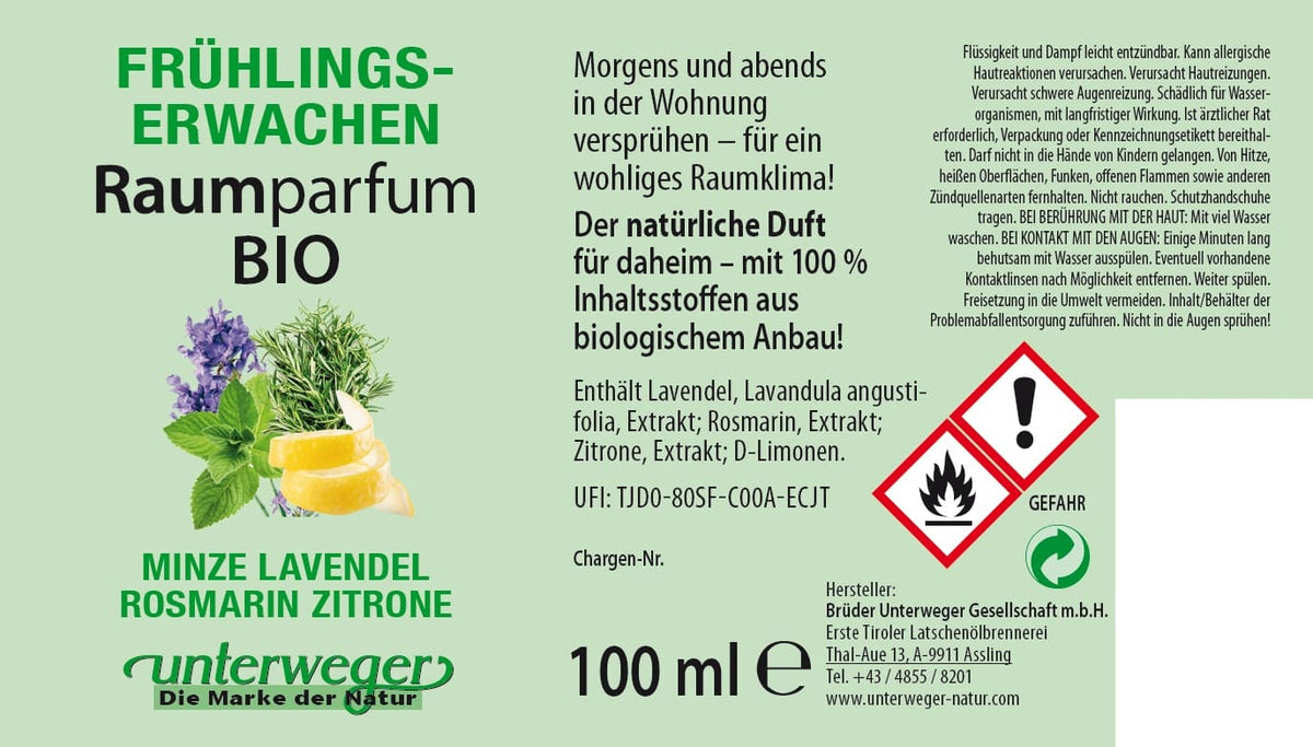 BIO Raumparfum Frühlingserwachen Unterweger – Minze, Lavendel, Rosmarin & Zitrone