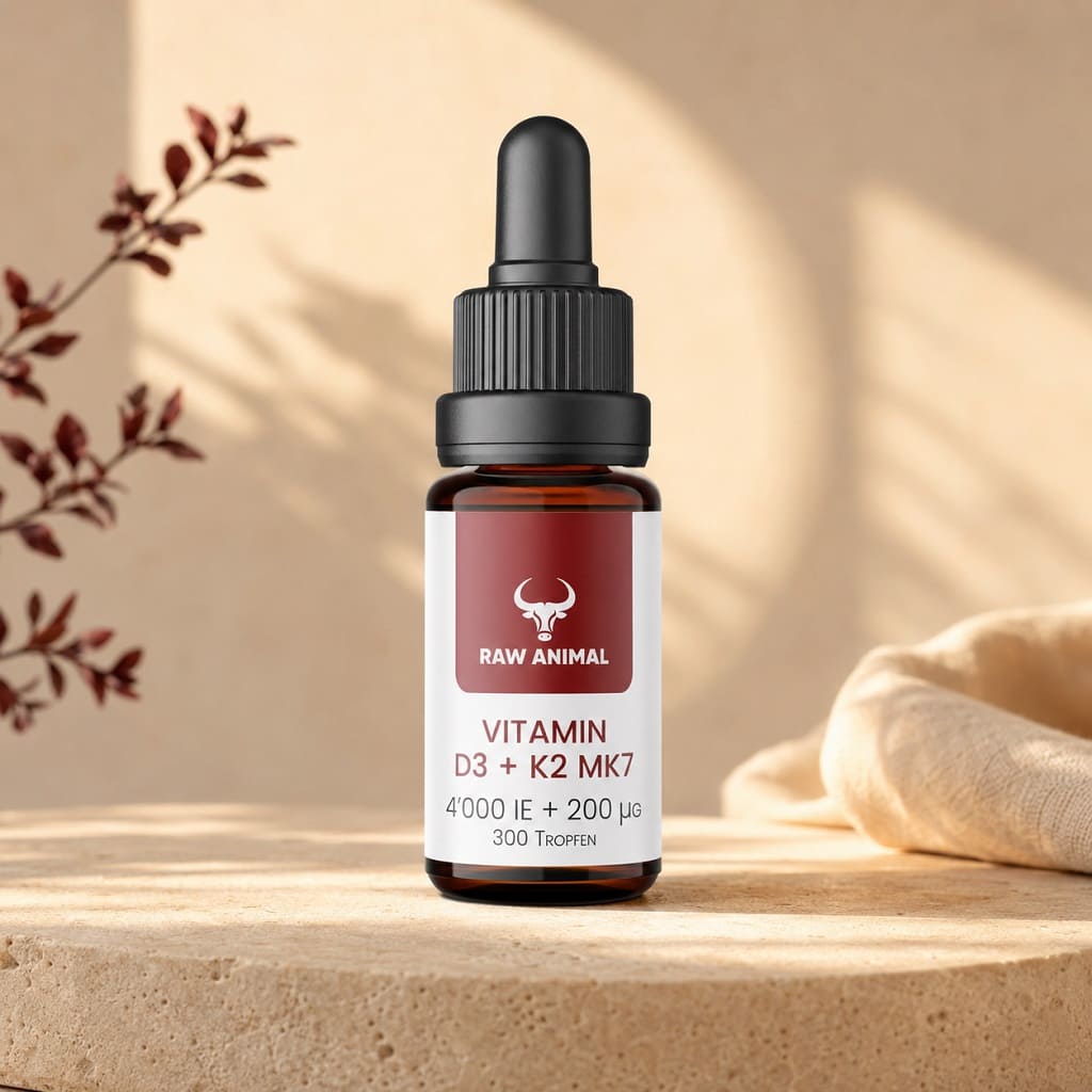 aw Animal Vitamin D3 + K2 MK7 Tropfen in einer braunen Pipettenflasche vor einer warmen, sonnigen Naturkulisse