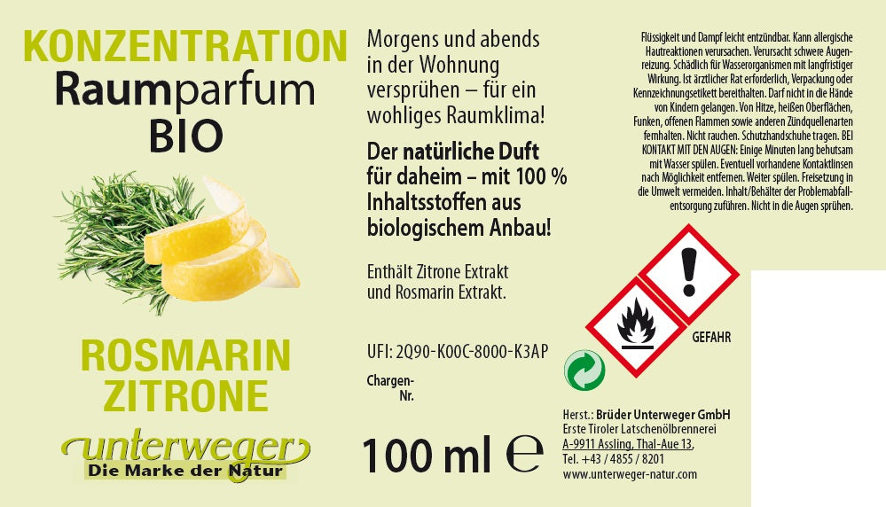 Organic Room Fragrance Rosemary Lemon Unterweger – Alpine Room Scent