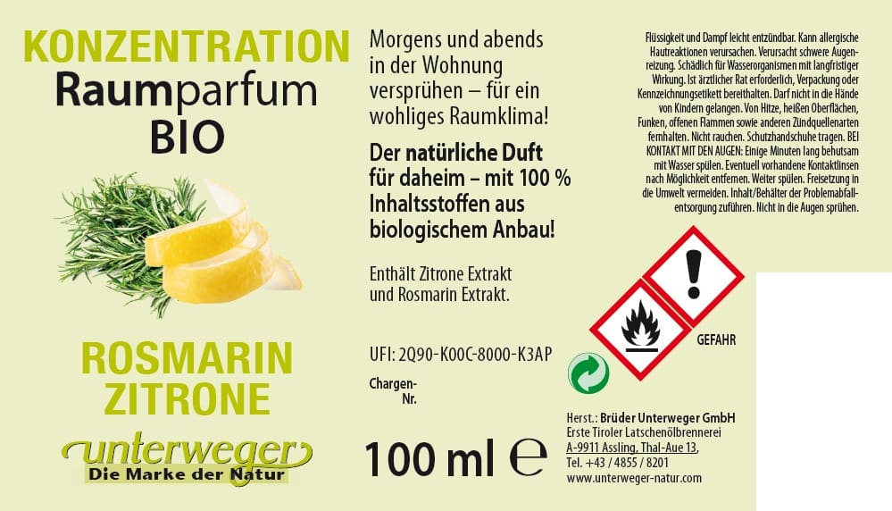 BIO Raumparfum Rosmarin Zitrone Unterweger – Alpiner Raumduft