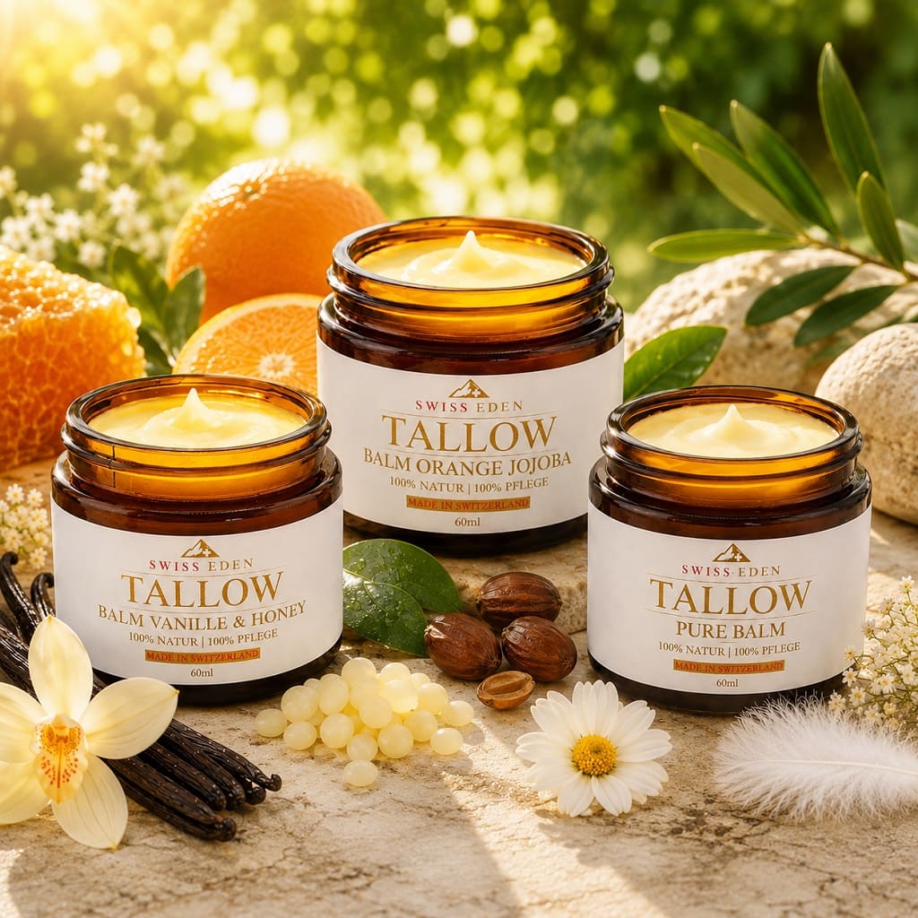Swiss Eden Tallow Balm 3er-Set mit Pure Balm, Orange Jojoba und Vanille & Honey – natürliche Tallow Hautpflege Made in Switzerland.