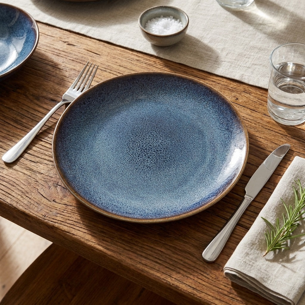 Flacher, edler Teller aus der Lunasol-Kollektion in elegantem Nachtblau mit natürlichem Erdton-Rand und modernem Design.