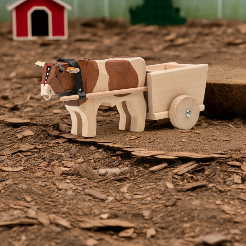 Trauffer Ochse mit Wagen – handgefertigtes Holzspielzeug