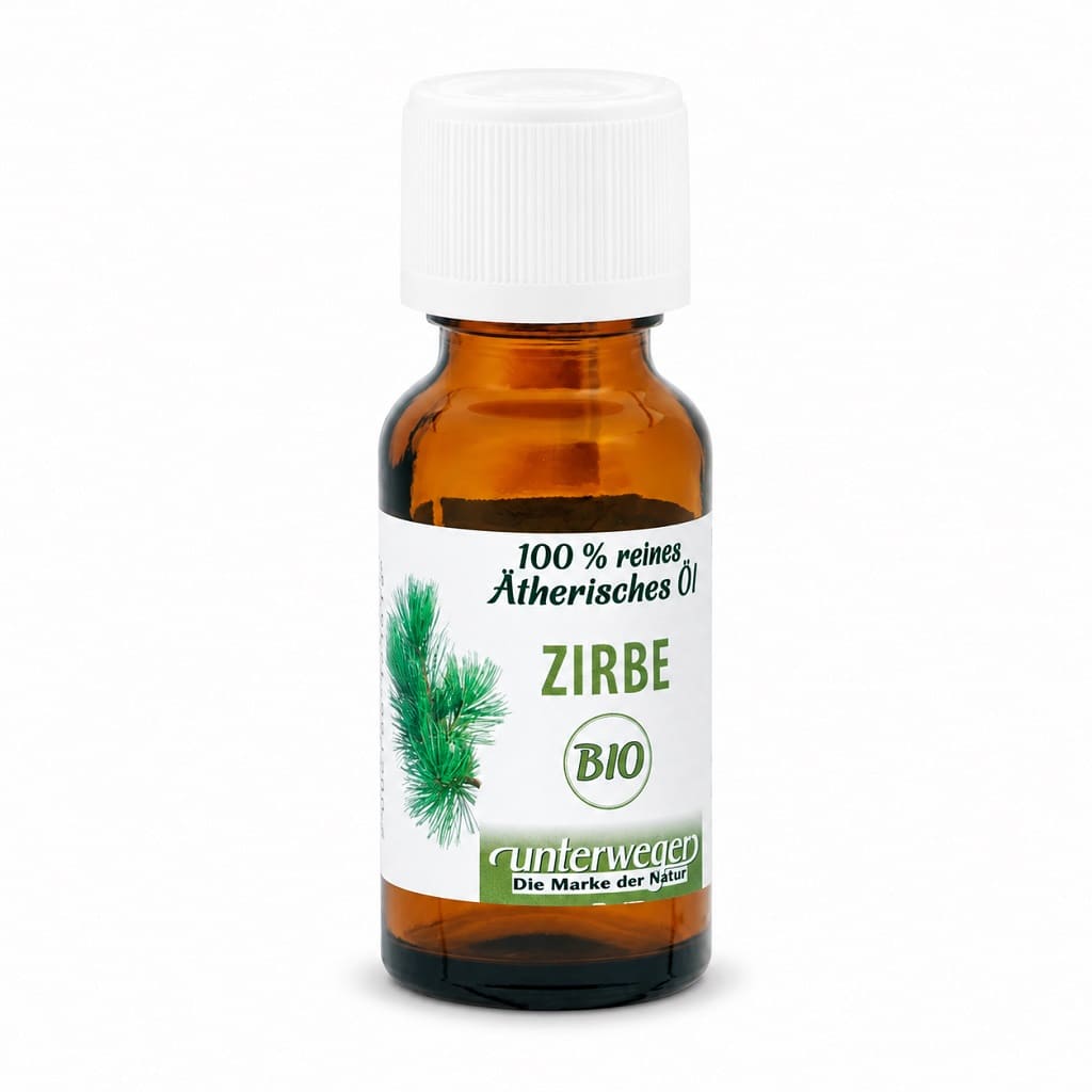 Unterweger BIO Ätherisches Öl Zirbe, 20 ml – braune Glasflasche mit weissem Verschluss und Zirbenzweig auf dem Etikett, vor weissem Hintergrund.