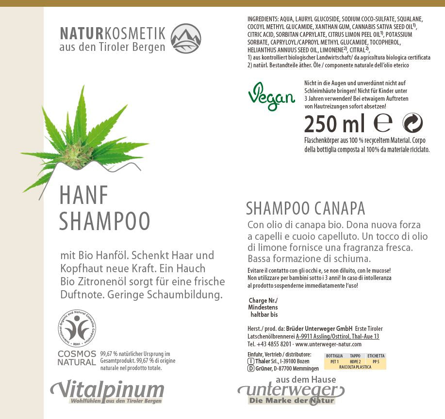 Hanf Shampoo mit Bio Hanföl von Unterweger - kräftigt Haar & Kopfhaut