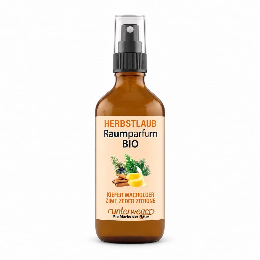Unterweger BIO Raumparfum Herbstlaub, 100 ml – braune Sprühflasche mit Kiefer, Wacholder, Zimt und Zitrone auf dem Etikett vor weissem Hintergrund.