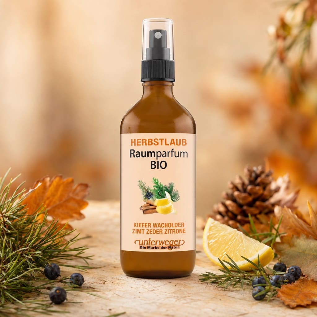 Unterweger Raumparfum Bio Herbstlaub mit Kiefer, Wacholder, Zimt, Zeder und Zitrone in der 100-ml-Sprühflasche