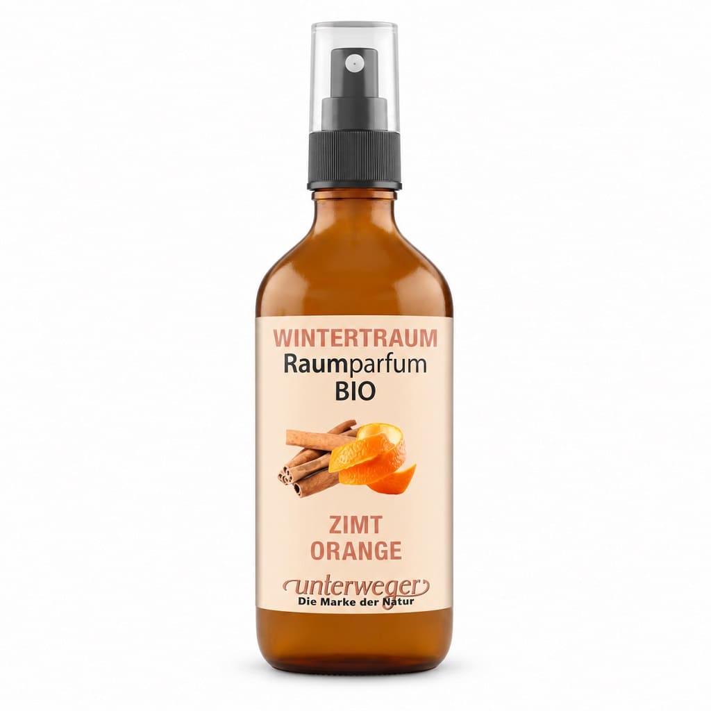 Unterweger BIO Raumparfum Wintertraum, 100 ml – braune Sprühflasche mit Zimt und Orange auf dem Etikett vor weißem Hintergrund.
