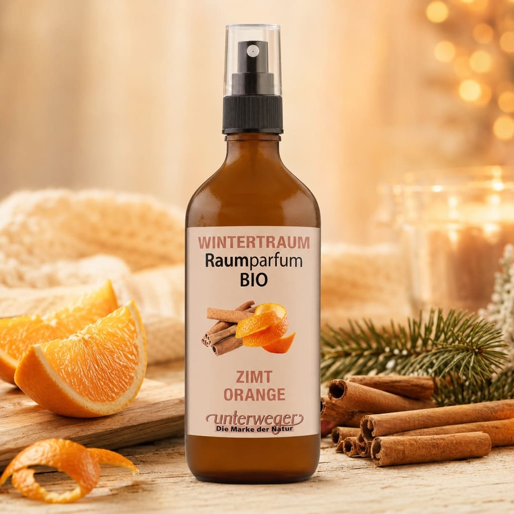 Unterweger Bio Raumparfum Wintertraum mit Zimt und Orange in der 100-ml-Sprühflasche