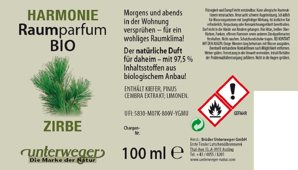 BIO Raumparfum Zirbe Unterweger – Raumduft Waldduft Natur