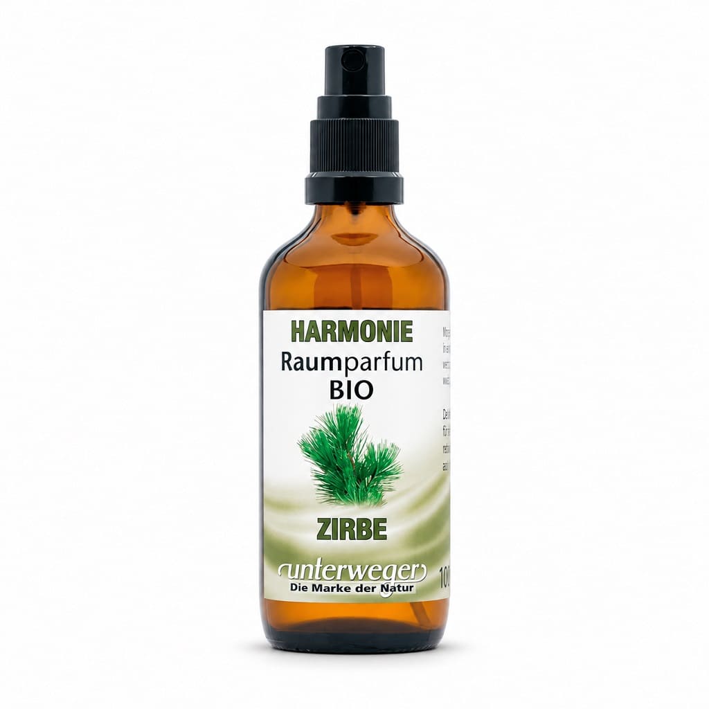 Unterweger BIO Raumparfum Harmonie, 100 ml – braune Sprühflasche mit Zirbenzweig auf dem Etikett vor weissem Hintergrund.