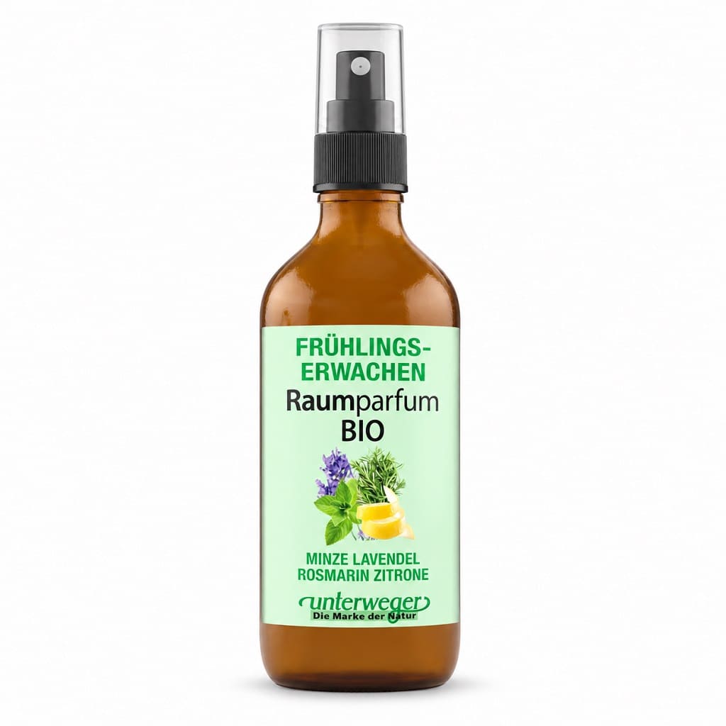 Unterweger BIO Raumparfum Frühlings-Erwachen, 100 ml, braune Sprühflasche mit Minze, Lavendel, Rosmarin und Zitrone auf dem Etikett vor weissem Hintergrund.