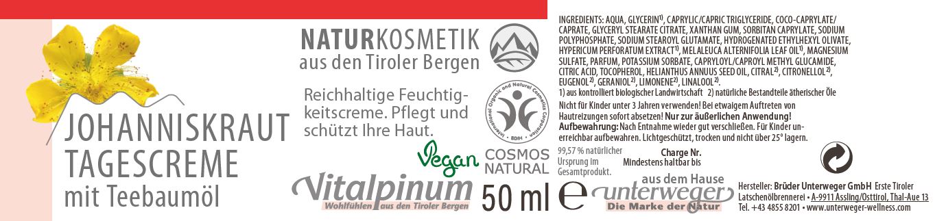Teebaum & Bio Johanniskraut Tagescreme von Unterweger -  Feuchtigkeit & Schutz