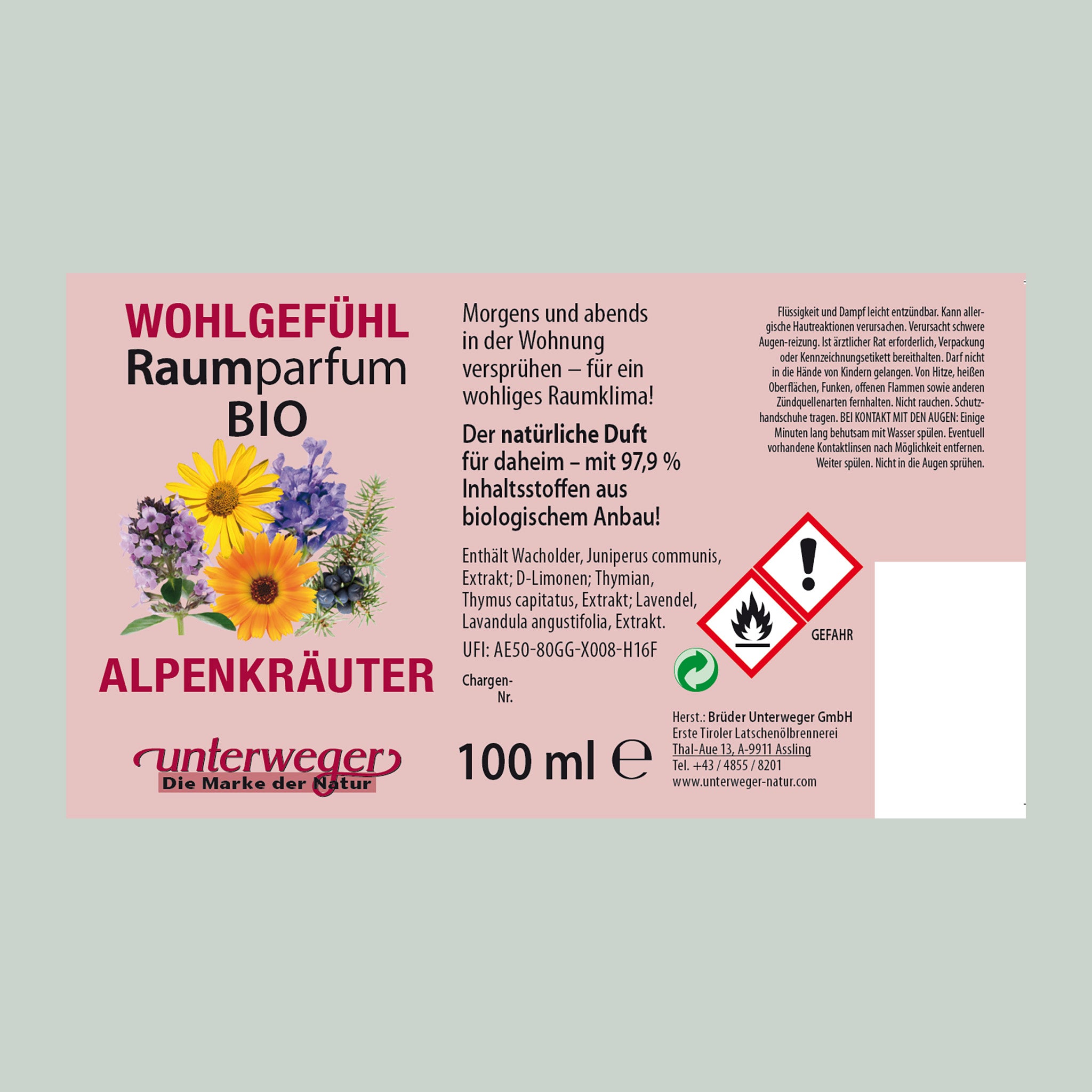 Unterweger ORGANIC Alpine Herbs Room Perfume 100ml – Natural freshness with essential oils