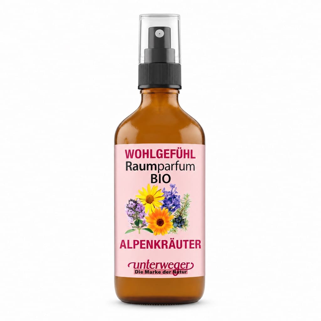 Unterweger BIO Raumparfum Wohlgefühl, 100 ml – braune Sprühflasche mit Alpenkräutern auf dem rosa Etikett vor weissem Hintergrund.