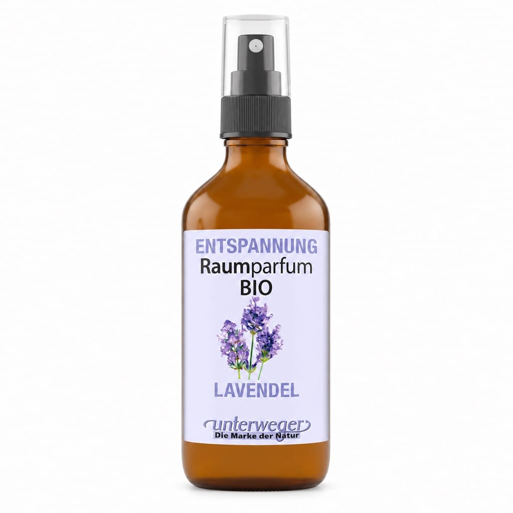 Unterweger BIO Raumparfum Entspannung, 100 ml – braune Sprühflasche mit Lavendelmotiv auf dem Etikett vor weissem Hintergrund.