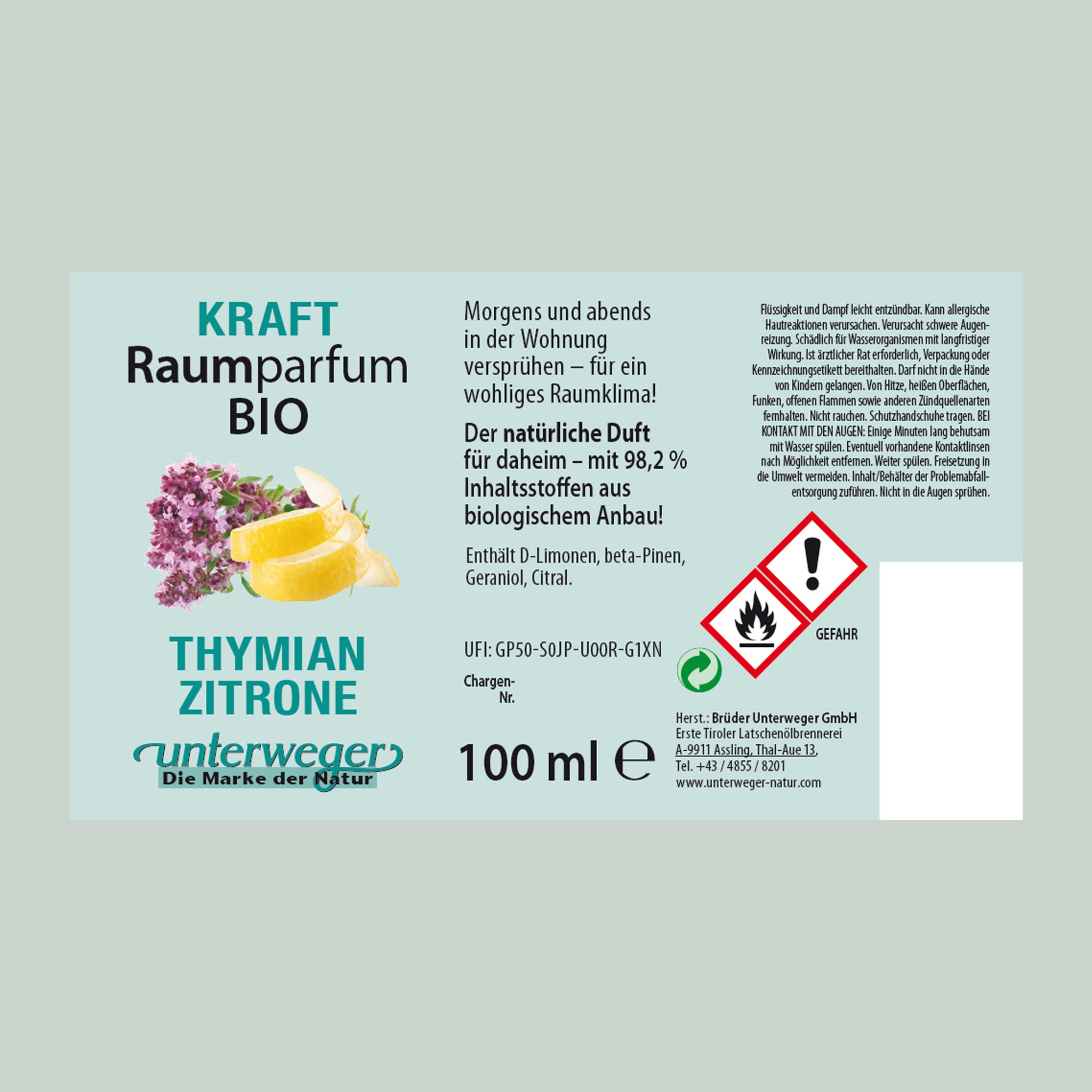 Unterweger ORGANIC Room Perfume Lemon & Thyme 100ml – Organic ingredients for fresh indoor air & respiratory tract