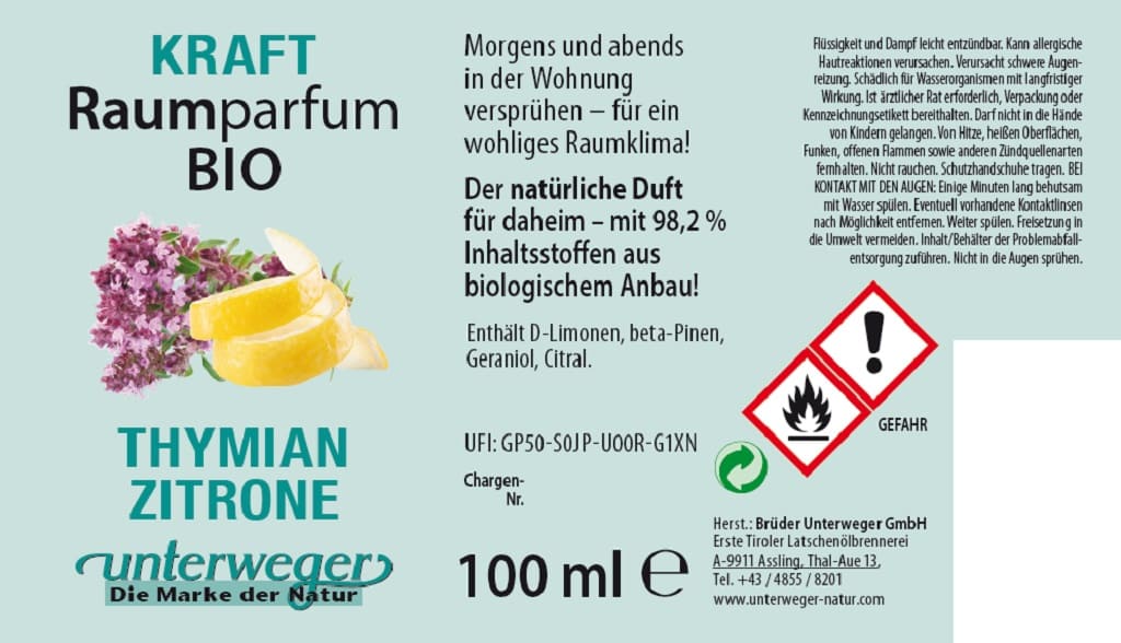 BIO Raumparfum Zitrone & Thymian Unterweger – Natürliche Frische für dein Zuhause
