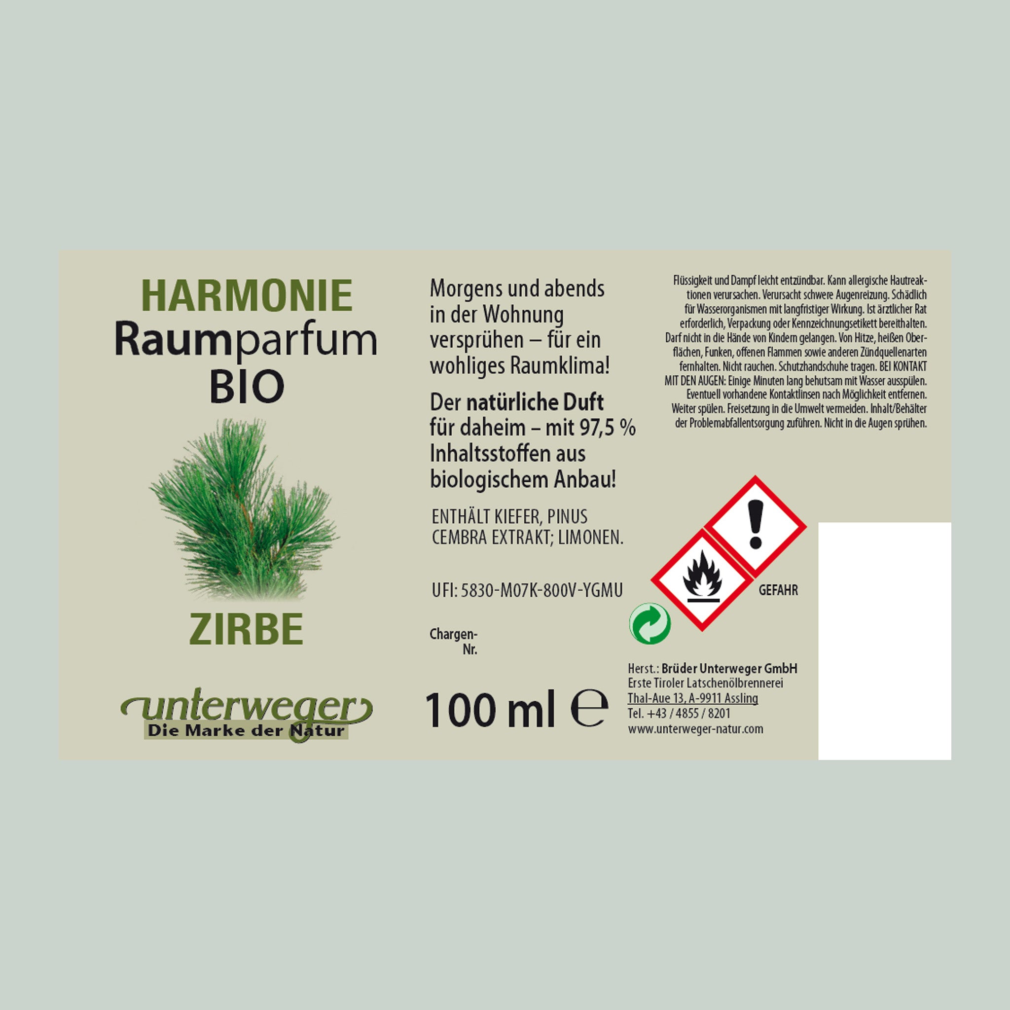 Unterweger ORGANIC Room Perfume Swiss Pine 100ml – Forest Scent Natural