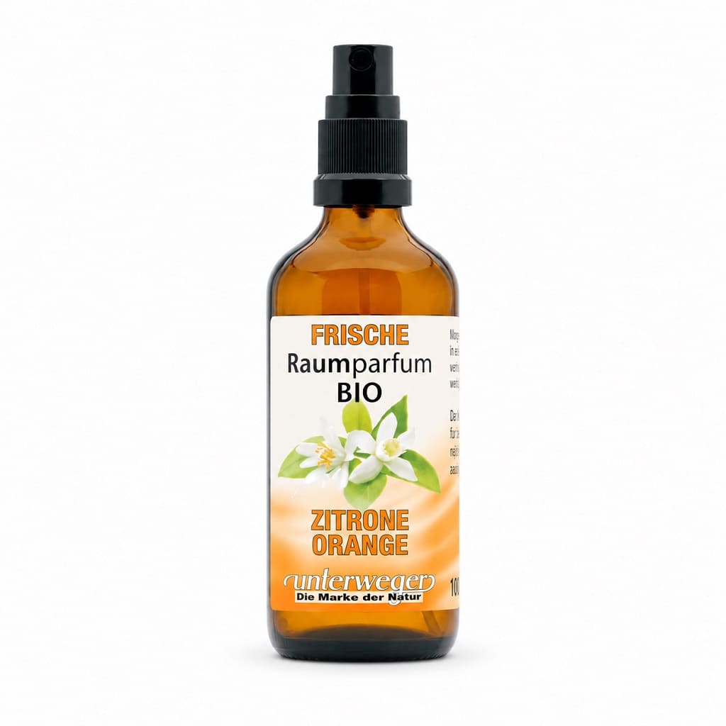 Unterweger BIO Raumparfum Frische, 100 ml – braune Sprühflasche mit Zitrone und Orange auf dem Etikett vor weissem Hintergrund.