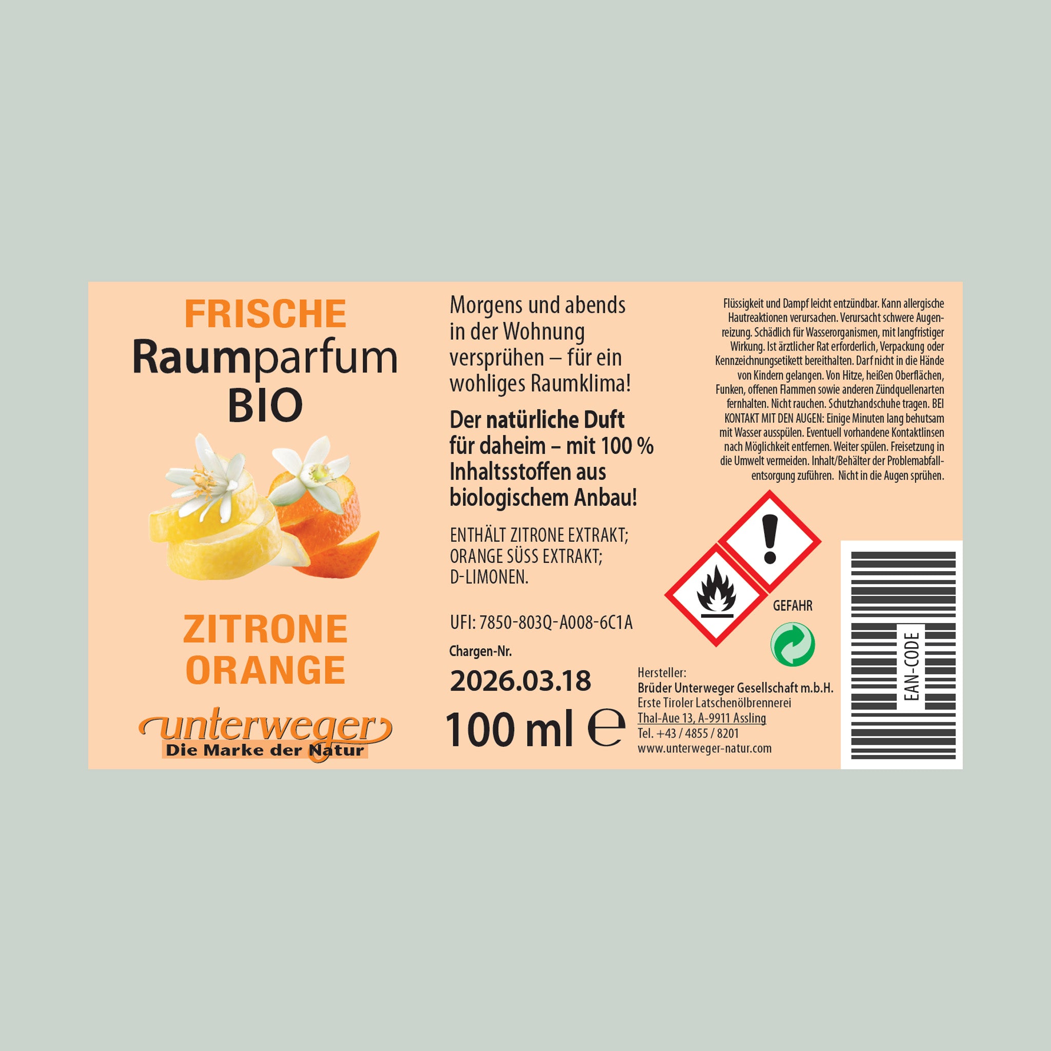Unterweger ORGANIC Room Perfume Lemon &amp; Orange 100ml – Fruity Fresh