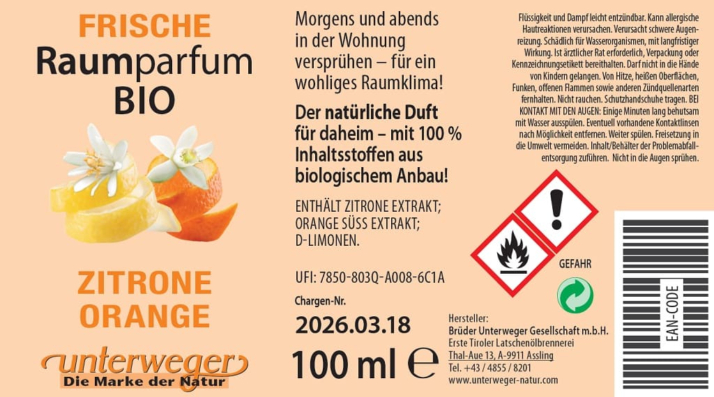 BIO Raumparfum Zitrone & Orange Unterweger – Fruchtig Frisch