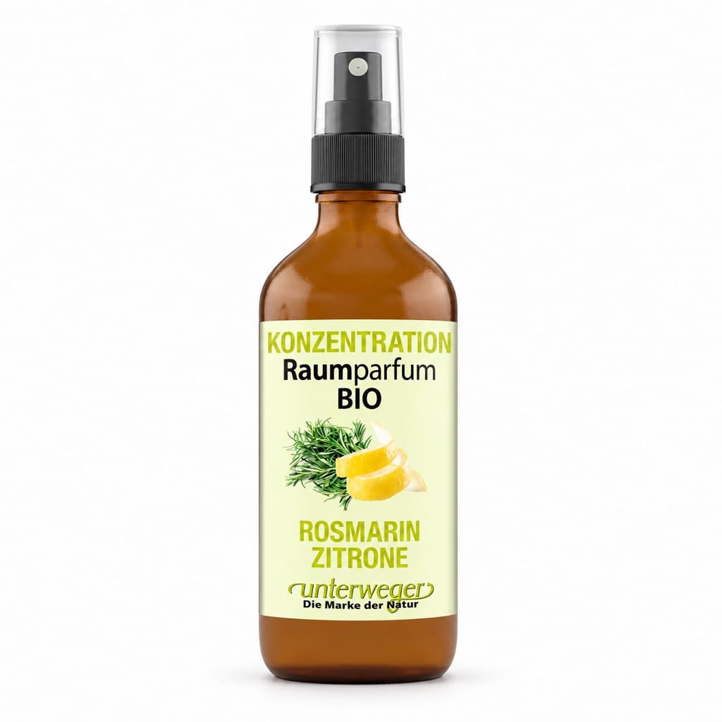 Unterweger BIO Raumparfum Konzentration, 100 ml – braune Sprühflasche mit Rosmarin und Zitrone auf dem Etikett vor weissem Hintergrund.