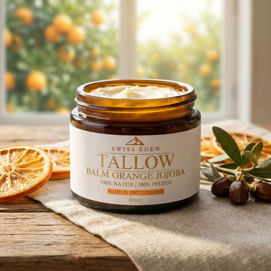 Swiss Eden Tallow Balm mit natürlichem Orangenaroma und Jojobaöl